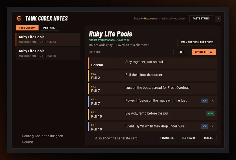 Tank Codex Notes window with a tank's notes for Ruby Life Pools